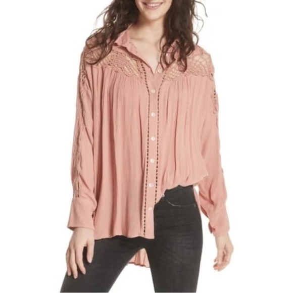 Free People Tops - Free People Pink Orange Coral Katie Bird Long Sleeve Button Down Size Large